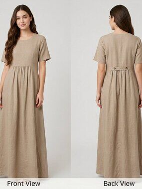 CMC Color Me Cotton Linen-Look Dress Small S Beige Tan Midi Pocket Made In USA